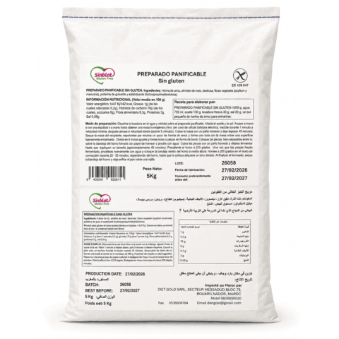 Sinblat Preparado Panificable Sans Gluten 5Kg, préparation pour pain sans gluten en grand format.