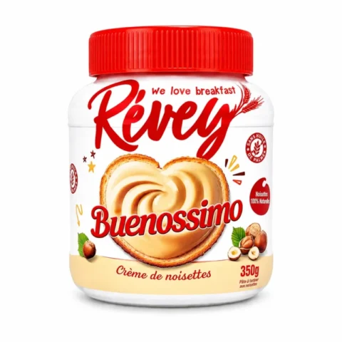 Pot Révey Buenossimo crème de noisettes sans gluten 350g avec couvercle rouge sur fond blanc
