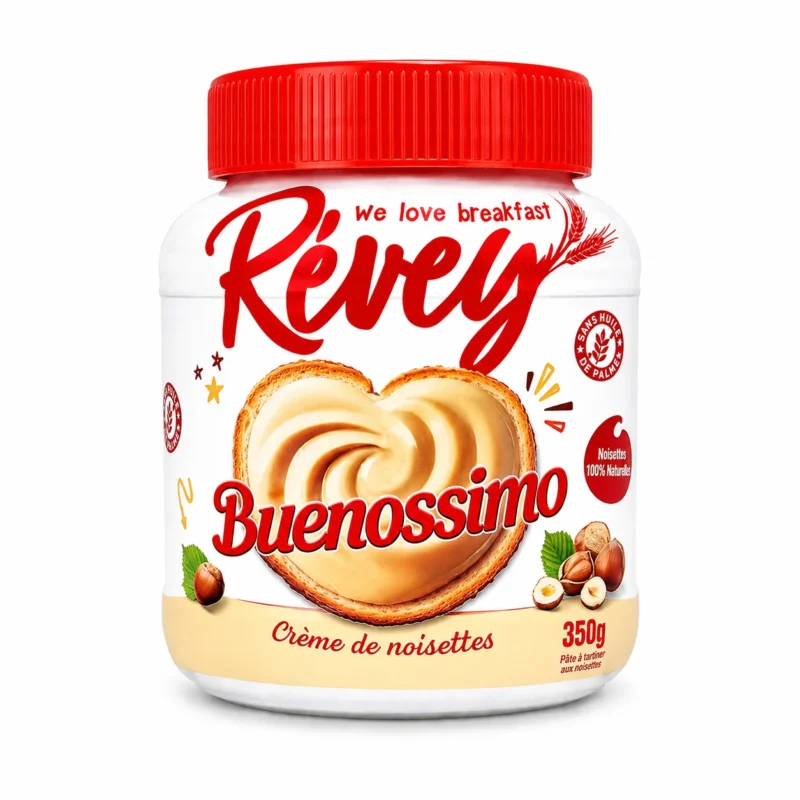 revey buenossimo Pot Révey Buenossimo crème de noisettes sans gluten 350g avec couvercle rouge sur fond blanc