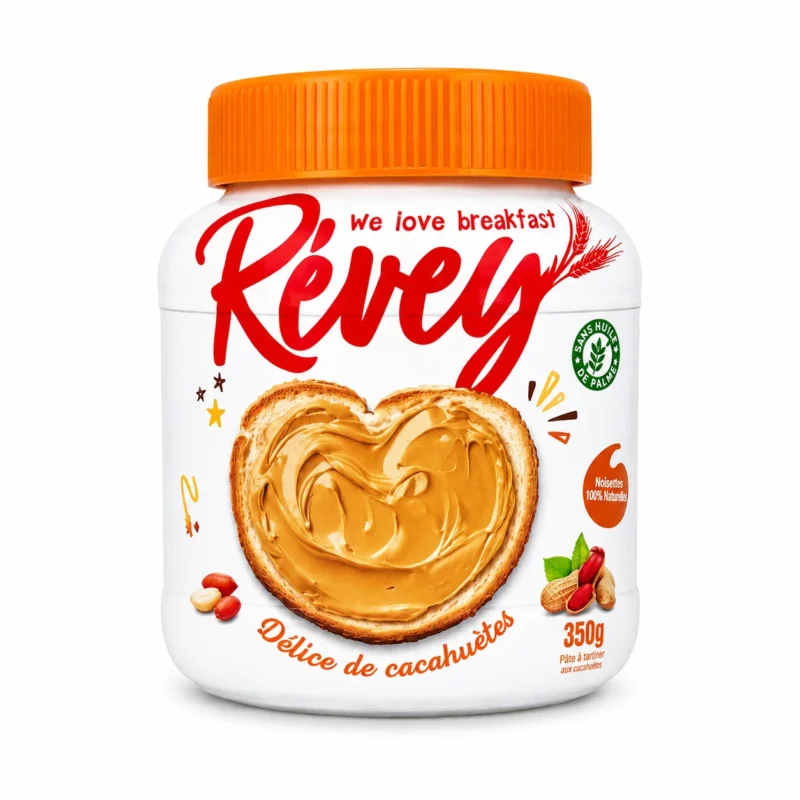 revey cacahuetes Pot Révey délice de cacahuètes sans gluten 350g avec couvercle orange sur fond blanc
