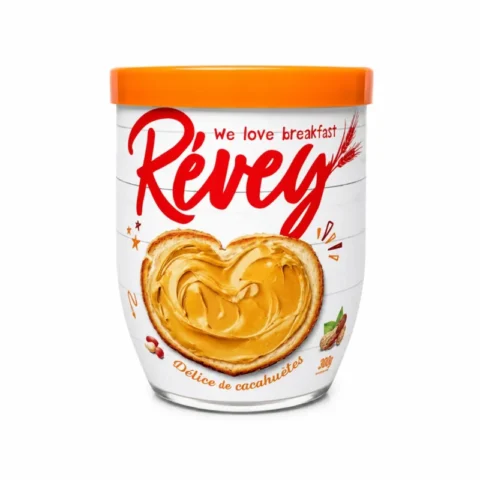 Pot Révey Délice de Cacahuètes 200g sans gluten avec couvercle orange sur fond blanc