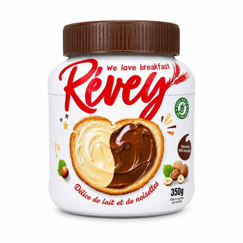 revey noisette Pot de pâte à tartiner Révey délice de lait et de noisettes sans gluten 350g sur fond blanc