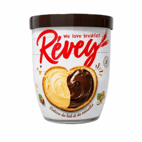 Révey délice de lait et de noisettes 200g pâte à tartiner sans gluten sur fond blanc