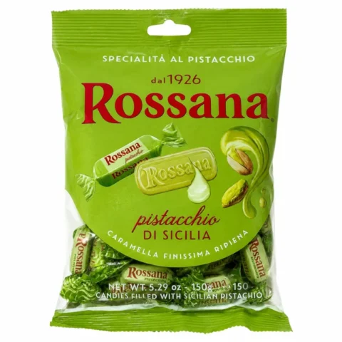 Sachet de bonbons Rossana Pistache de Sicile sans gluten 150g sur fond blanc