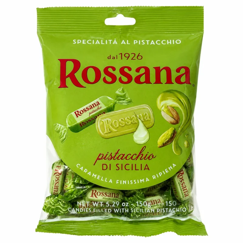 rossana Sachet de bonbons Rossana Pistache de Sicile sans gluten 150g sur fond blanc