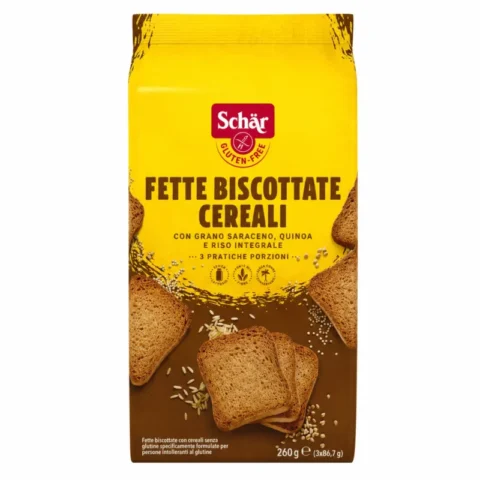 Schär Fette Biscottate Cereali 260g biscottes sans gluten aux céréales sur fond blanc