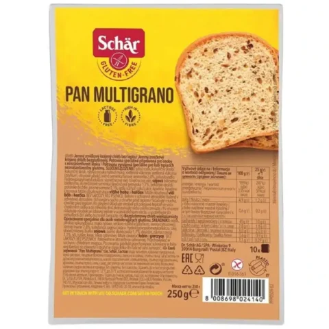 Schär Pan Multigrano 250g, pain multigrain sans gluten avec graines, sans lactose et riche en fibres.