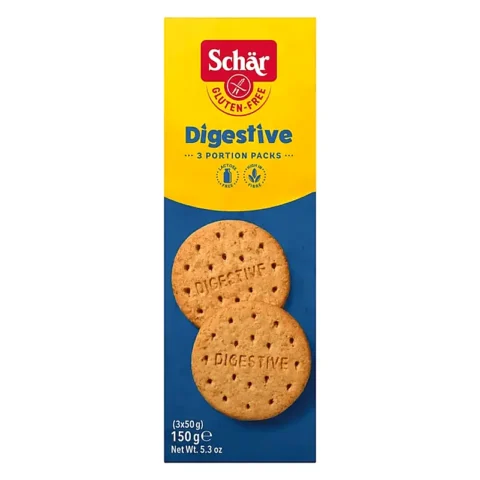 Schär Digestive 150g, biscuits digestifs sans gluten riches en fibres en 3 portions individuelles.