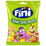 Sachet de bonbons Fini Sour Jelly Beans sans gluten 90g sur fond blanc.