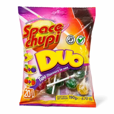 Sachet de sucettes Space Chupi Duo sans gluten 190g avec assortiment de saveurs fruitées.