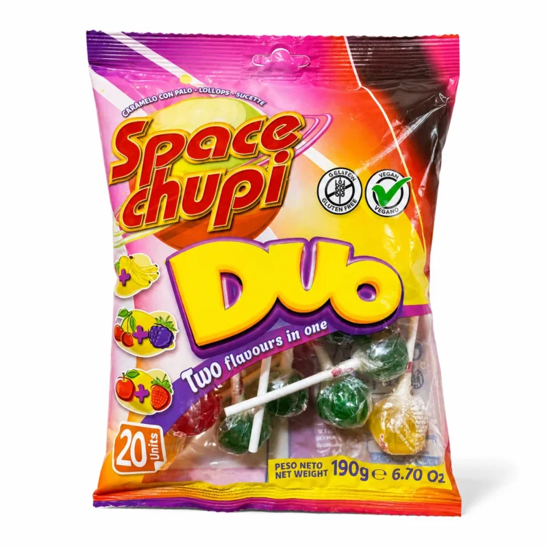 space chupi duo Sachet de sucettes Space Chupi Duo sans gluten 190g avec assortiment de saveurs fruitées.