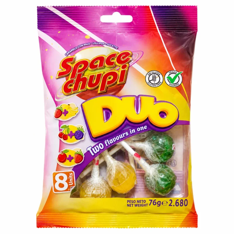 space chupi Sachet de sucettes Space Chupi Duo sans gluten 76g aux saveurs fruitées sur fond blanc