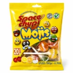Grand sachet jaune Space Chupi Mojis sans gluten 190g avec sucettes assorties fruitées.