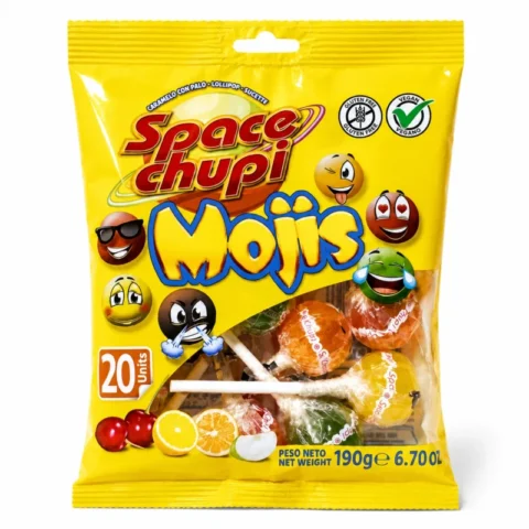 Grand sachet jaune Space Chupi Mojis sans gluten 190g avec sucettes assorties fruitées.