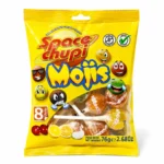 Sachet jaune Space Chupi Mojis sans gluten 76g avec sucettes fruitées et design emoji.
