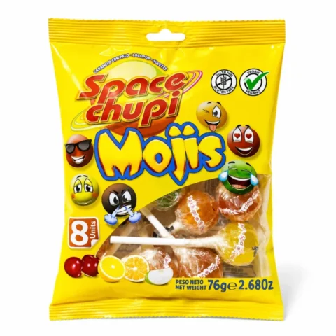 Sachet jaune Space Chupi Mojis sans gluten 76g avec sucettes fruitées et design emoji.