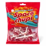 Sachet rouge de sucettes Space Chupi sans gluten avec saveur fruitée classique.
