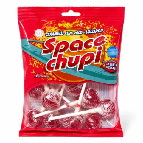 Sachet rouge de sucettes Space Chupi sans gluten avec saveur fruitée classique.