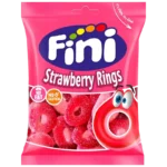 Sachet de bonbons Fini Strawberry Rings sans gluten 90g sur fond blanc.