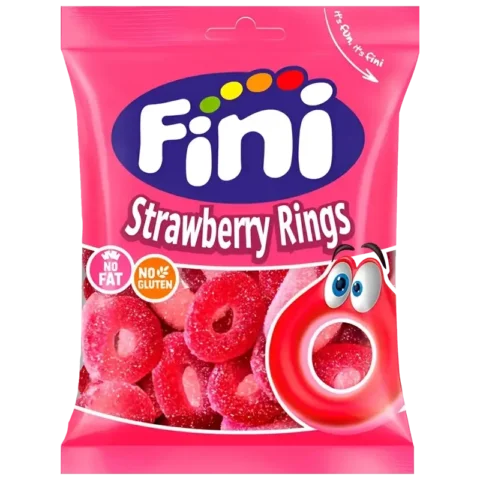 Sachet de bonbons Fini Strawberry Rings sans gluten 90g sur fond blanc.