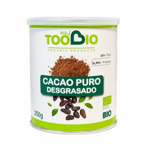 TooBio cacao pur dégraissé bio sans gluten 250g en boîte avec couvercle vert sur fond blanc.