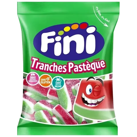 Sachet de bonbons Fini Tranches Pastèque sans gluten 90g sur fond blanc.