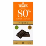 Tablette de chocolat noir TRAPA Intenso 80 % cacao sans gluten 175 g sur fond blanc.