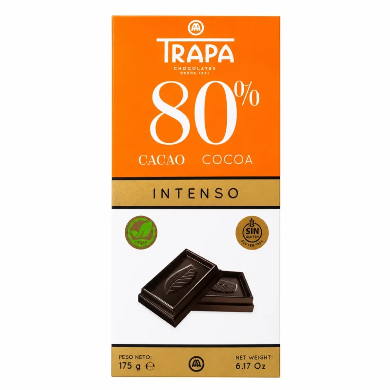 trapa 80% 175g Tablette de chocolat noir TRAPA Intenso 80 % cacao sans gluten 175 g sur fond blanc.