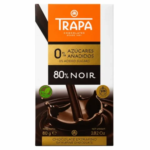 Tablette TRAPA chocolat noir 80 % sans sucres ajoutés sans gluten 80 g sur fond blanc.