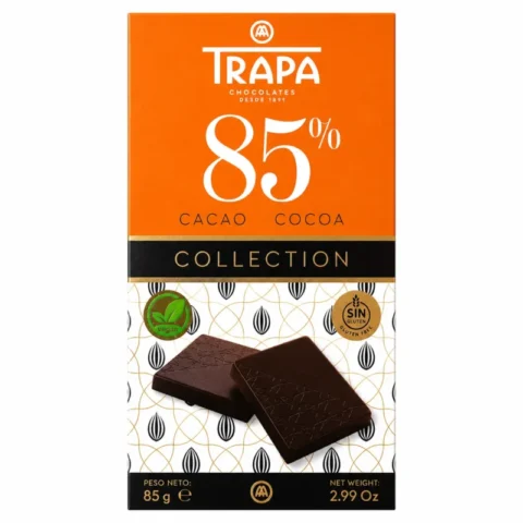 Tablette TRAPA Collection chocolat noir 85 % cacao sans gluten 85 g sur fond blanc.