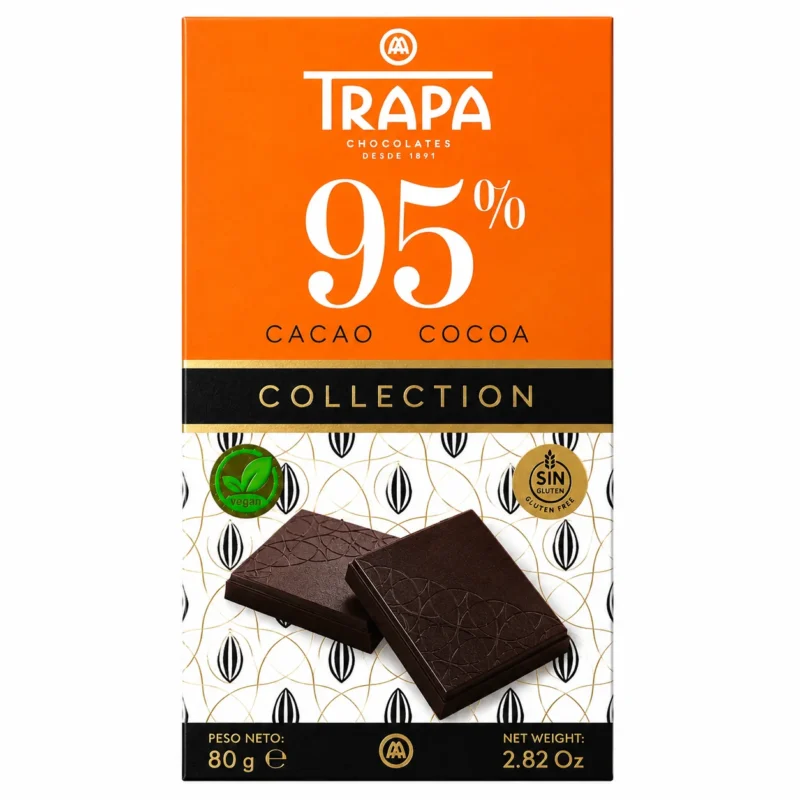 trapa 95% 80g Tablette TRAPA Collection chocolat noir 95 % cacao sans gluten 80 g sur fond blanc.