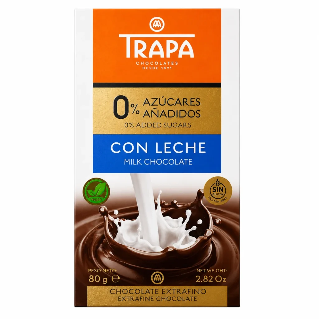 Tablette TRAPA chocolat au lait sans sucres ajoutés sans gluten 80 g sur fond blanc.