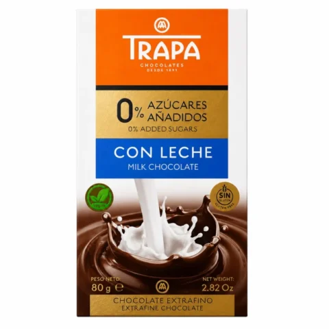 Tablette TRAPA chocolat au lait sans sucres ajoutés sans gluten 80 g sur fond blanc.