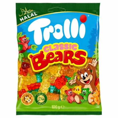 Sachet de bonbons Trolli Classic Bears sans gluten et halal 100g sur fond blanc