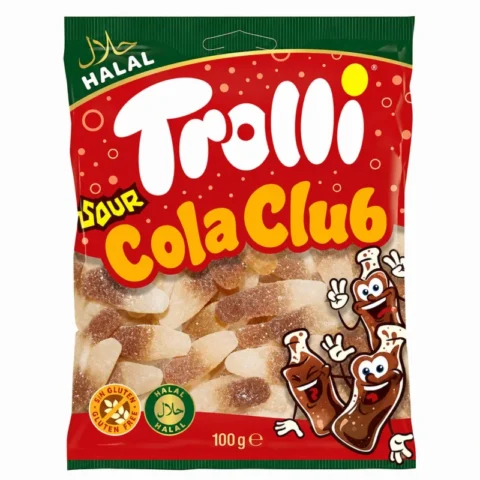 Sachet de bonbons Trolli Sour Cola Club sans gluten et halal 100g sur fond blanc