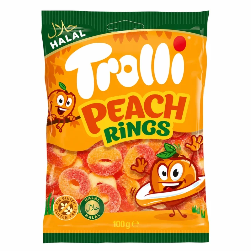 trolli peach rings Sachet de bonbons Trolli Peach Rings sans gluten et halal 100g sur fond blanc