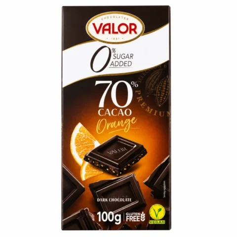 Tablette Valor chocolat noir orange 70 % cacao sans sucre ajouté sans gluten vegan 100 g