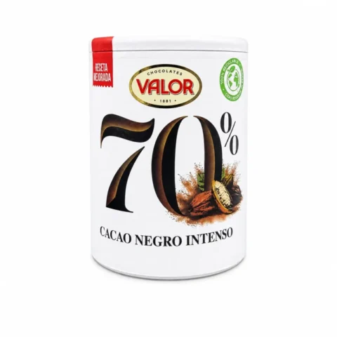 Boîte de cacao noir intense Chocolates Valor 70% sans gluten 300g sur fond blanc.