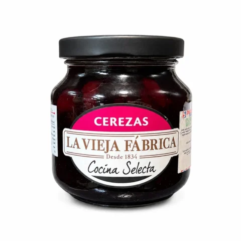 Pot de confiture de cerises La Vieja Fábrica Cocina Selecta sans gluten 280g sur fond blanc.