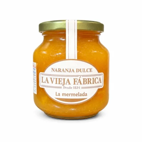 Pot de confiture d’orange douce La Vieja Fábrica 350g sans gluten sur fond blanc.