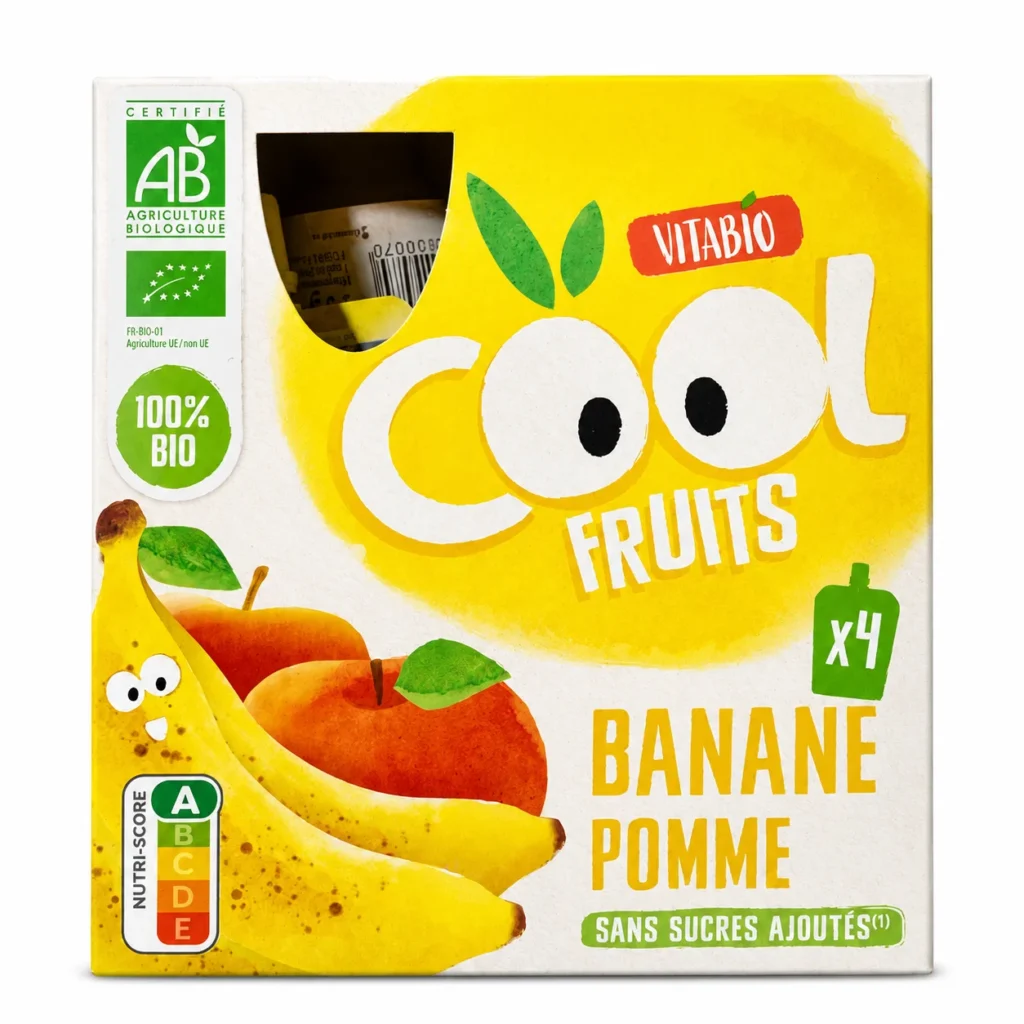 Pack Vitabio Cool Fruits banane pomme bio 4x90g sur fond blanc