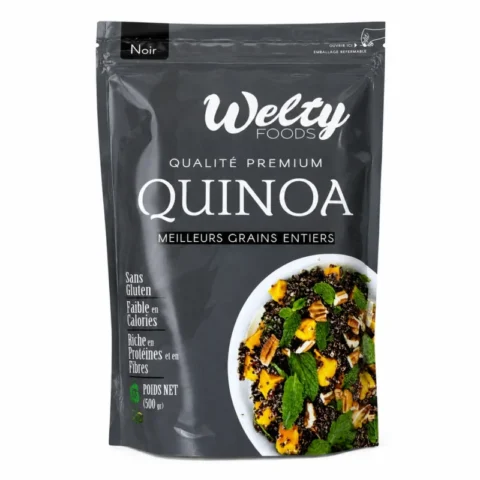 Sachet de quinoa noir Welty Foods sans gluten 500g sur fond blanc