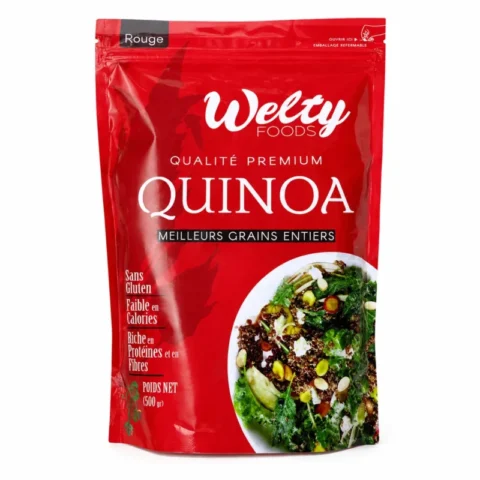 Sachet de quinoa rouge Welty Foods sans gluten 500g sur fond blanc