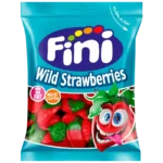 Sachet de bonbons Fini Wild Strawberries sans gluten 90g sur fond blanc.