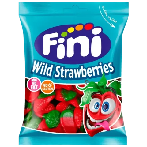 Sachet de bonbons Fini Wild Strawberries sans gluten 90g sur fond blanc.