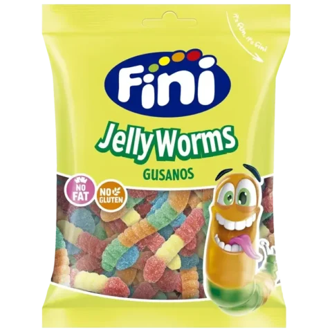 Sachet de bonbons Fini Worms sans gluten 90g sur fond blanc.
