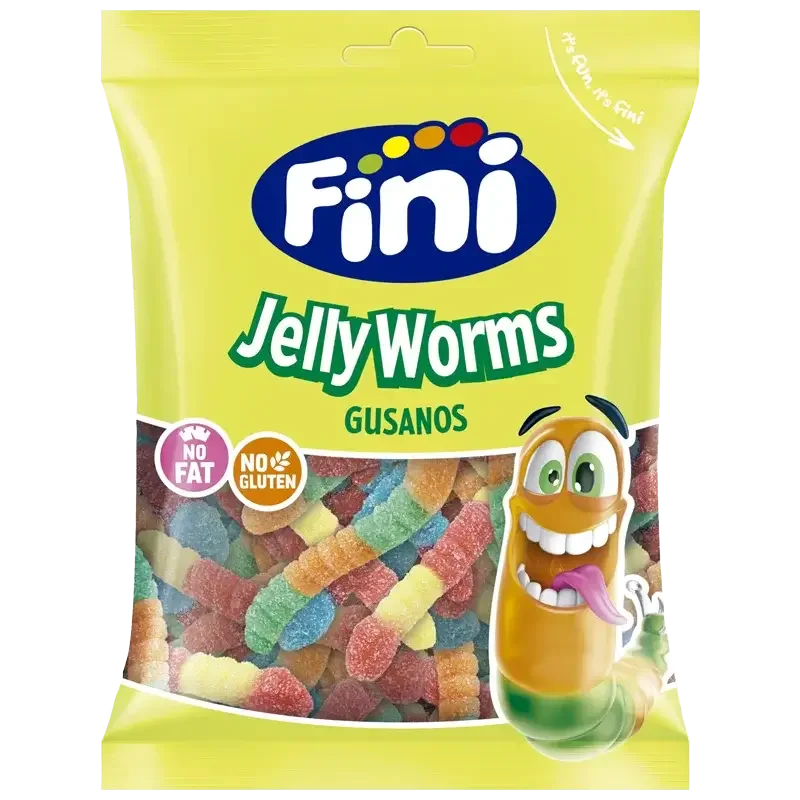 worms Sachet de bonbons Fini Worms sans gluten 90g sur fond blanc.