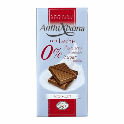 Tablette chocolat au lait AntiuXixona 0% sucres ajoutés sans gluten 100g sur fond blanc.