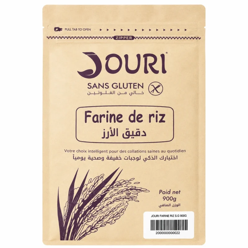 farine de riz Paquet JOURI Farine de Riz Sans Gluten 900g avec emballage kraft beige et illustration de riz