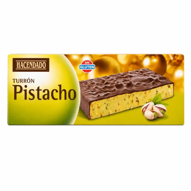turron pistacho Hacendado Turrón Pistache sans gluten 150g avec enrobage chocolaté